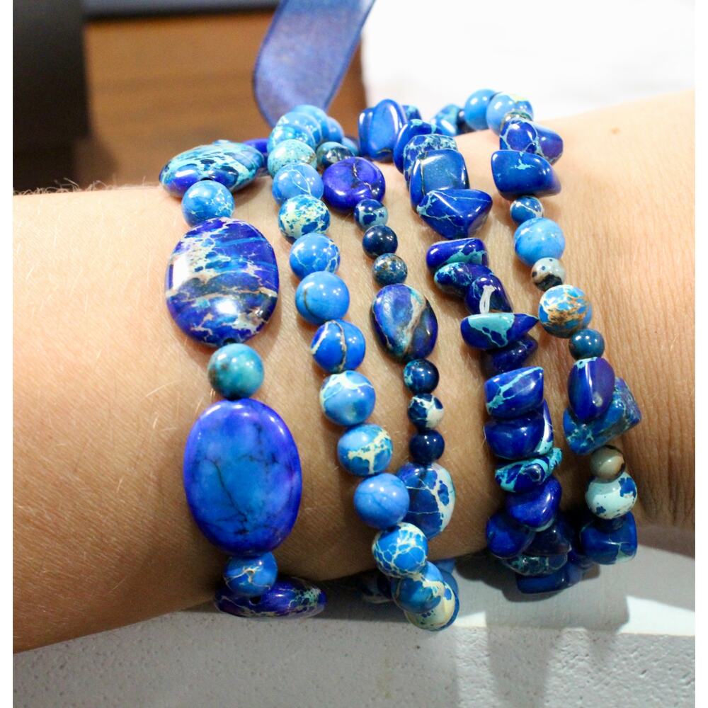 Handmade Multi-Blue Stone Beaded Stretch/Elastic Bracelet Set NWOT